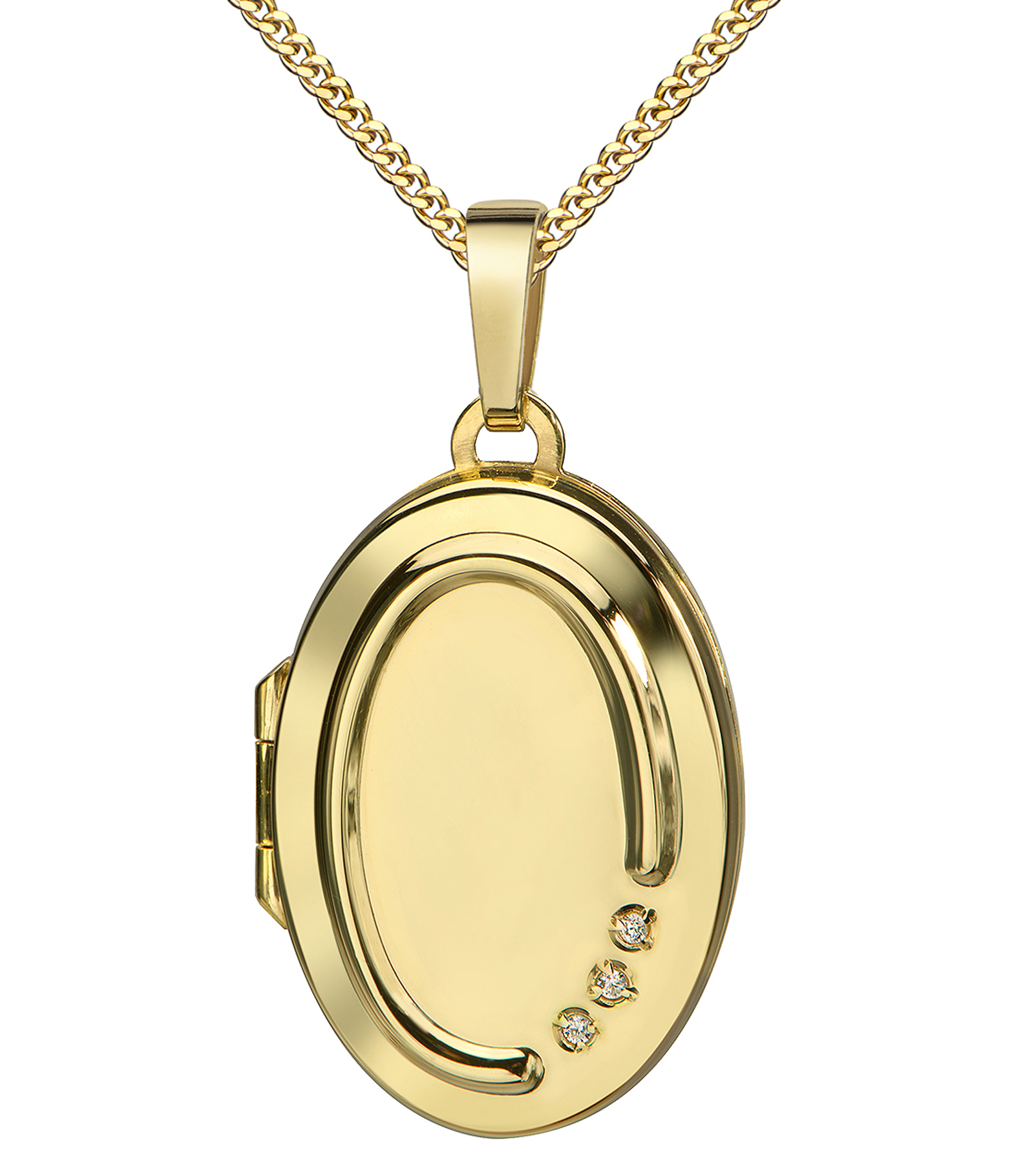 Medaillon Gold 333 mit 3 Zirkonia für 2 Bilder Foto Amulett oval + Schmuck-Etui und Halskette